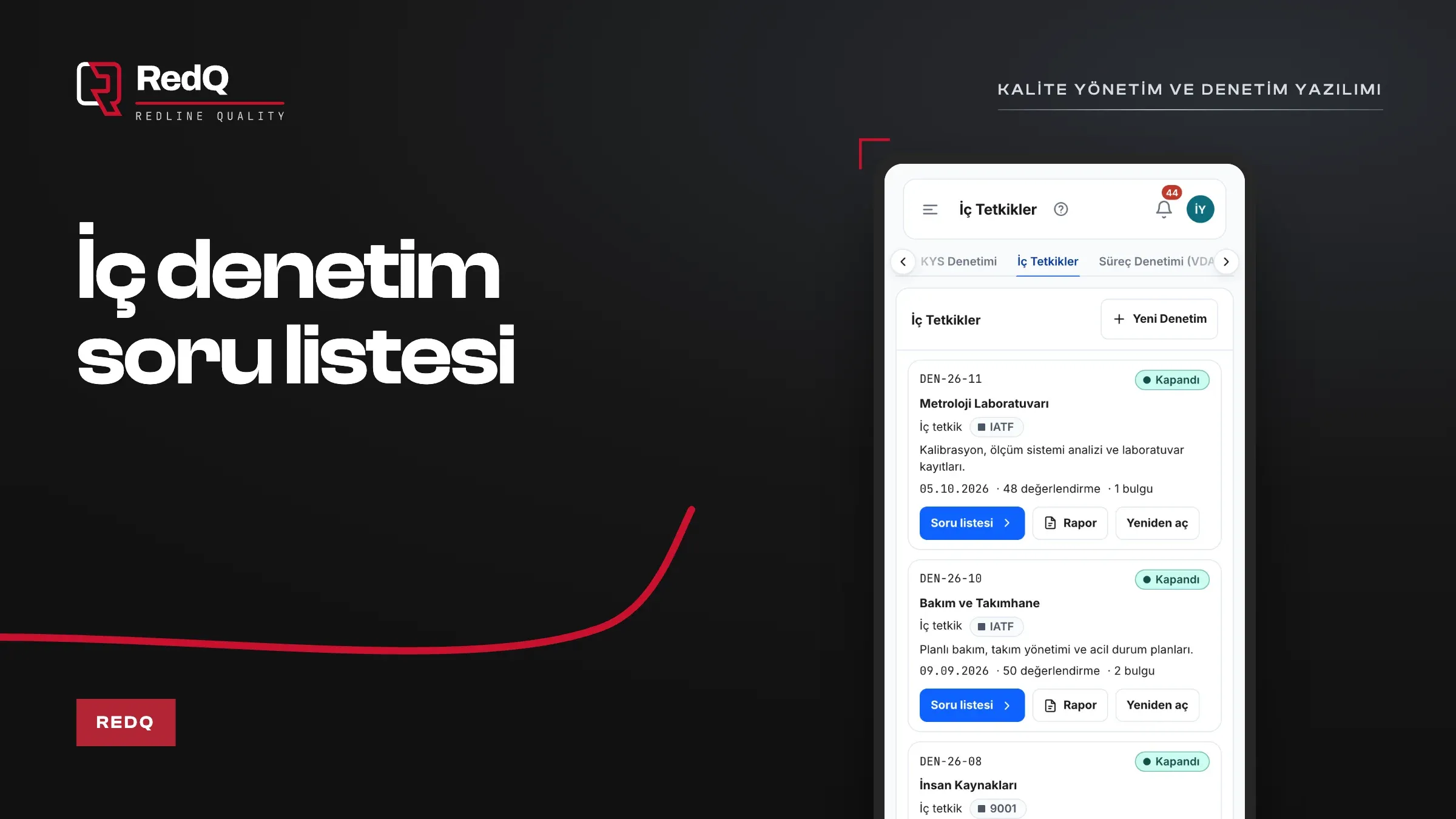 RedQ telefonda iç denetim soru listesi ekranı ve iç denetim soru listesi başlığı